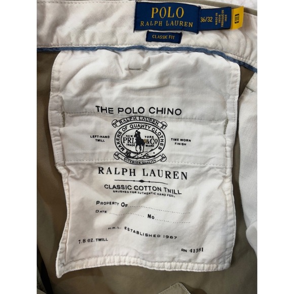 Polo Ralph Lauren Chino Pants Mens 36 x 32 Khaki Cotton Casual Pony Classic Fit - Picture 4 of 10